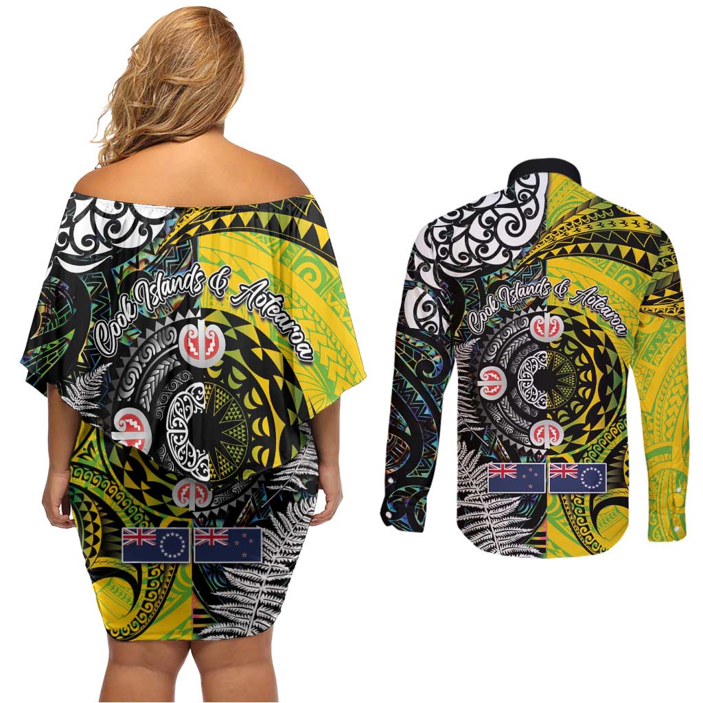 New Zealand and Cook Islands Together Couples Matching Off Shoulder Short Dress and Long Sleeve Button Shirt Tatau Art Tribal Pattern-Maori Tattoo with Fern and Paua Shell
