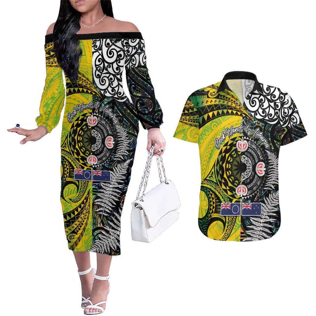 New Zealand and Cook Islands Together Couples Matching Off The Shoulder Long Sleeve Dress and Hawaiian Shirt Tatau Art Tribal Pattern-Maori Tattoo with Fern and Paua Shell