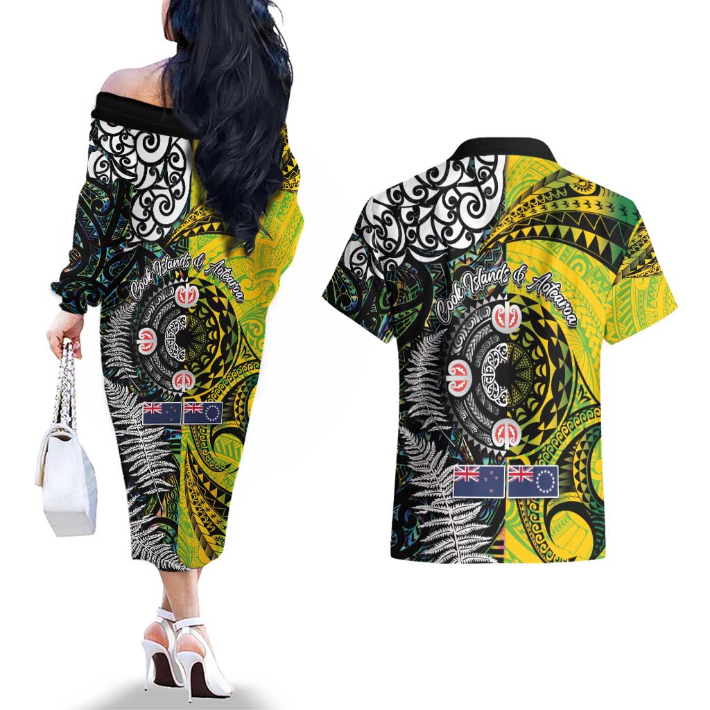 New Zealand and Cook Islands Together Couples Matching Off The Shoulder Long Sleeve Dress and Hawaiian Shirt Tatau Art Tribal Pattern-Maori Tattoo with Fern and Paua Shell