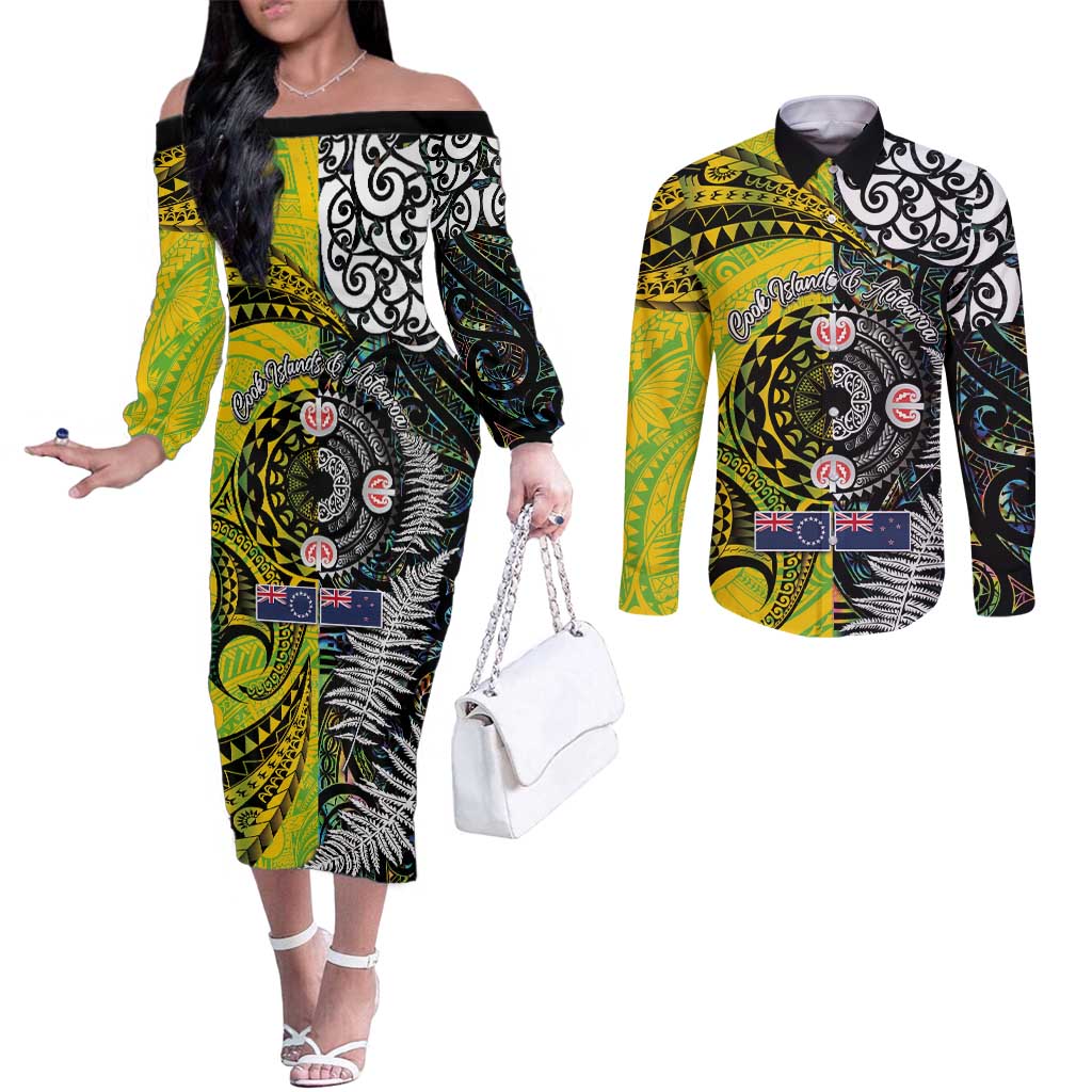 New Zealand and Cook Islands Together Couples Matching Off The Shoulder Long Sleeve Dress and Long Sleeve Button Shirt Tatau Art Tribal Pattern-Maori Tattoo with Fern and Paua Shell