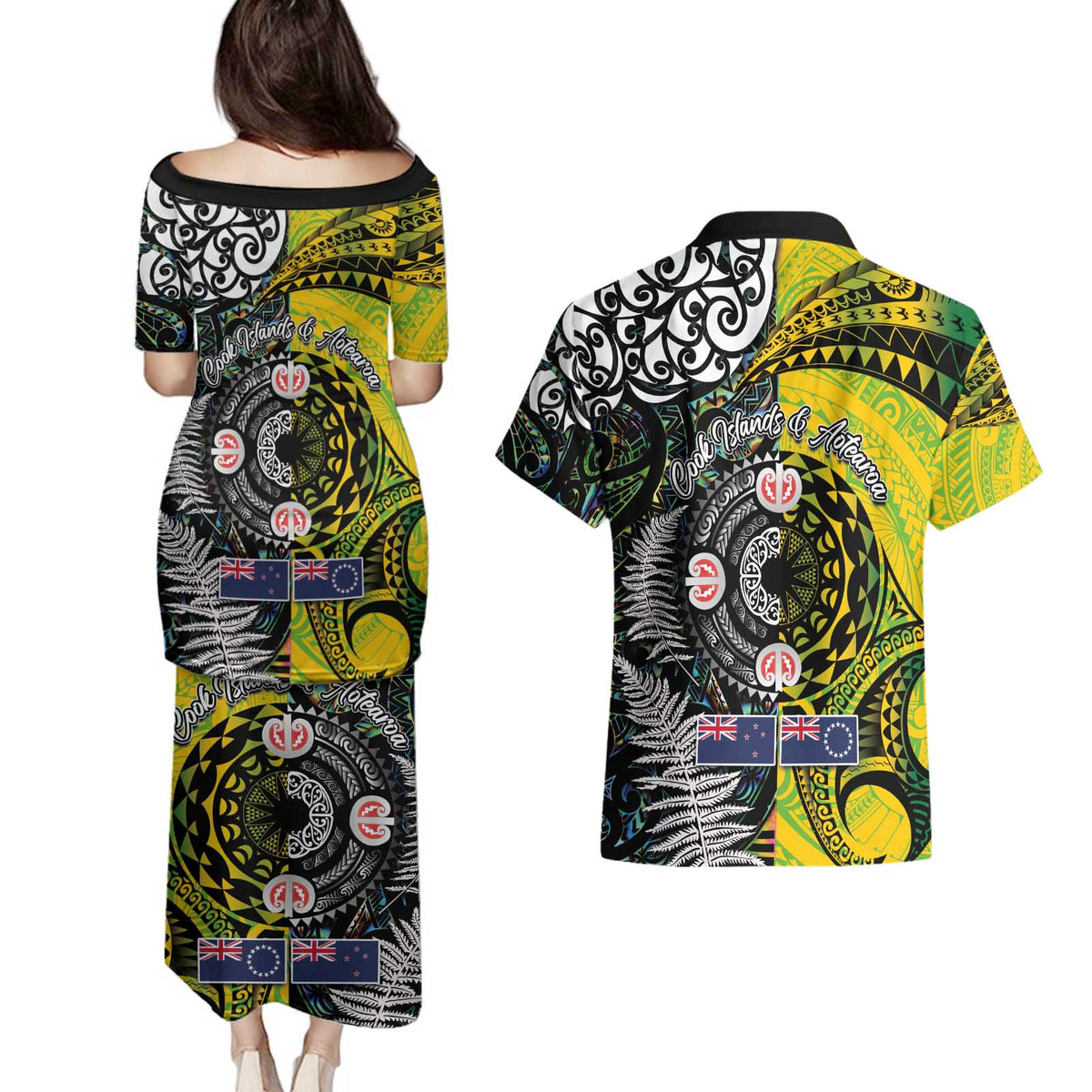New Zealand and Cook Islands Together Couples Matching Puletasi and Hawaiian Shirt Tatau Art Tribal Pattern-Maori Tattoo with Fern and Paua Shell