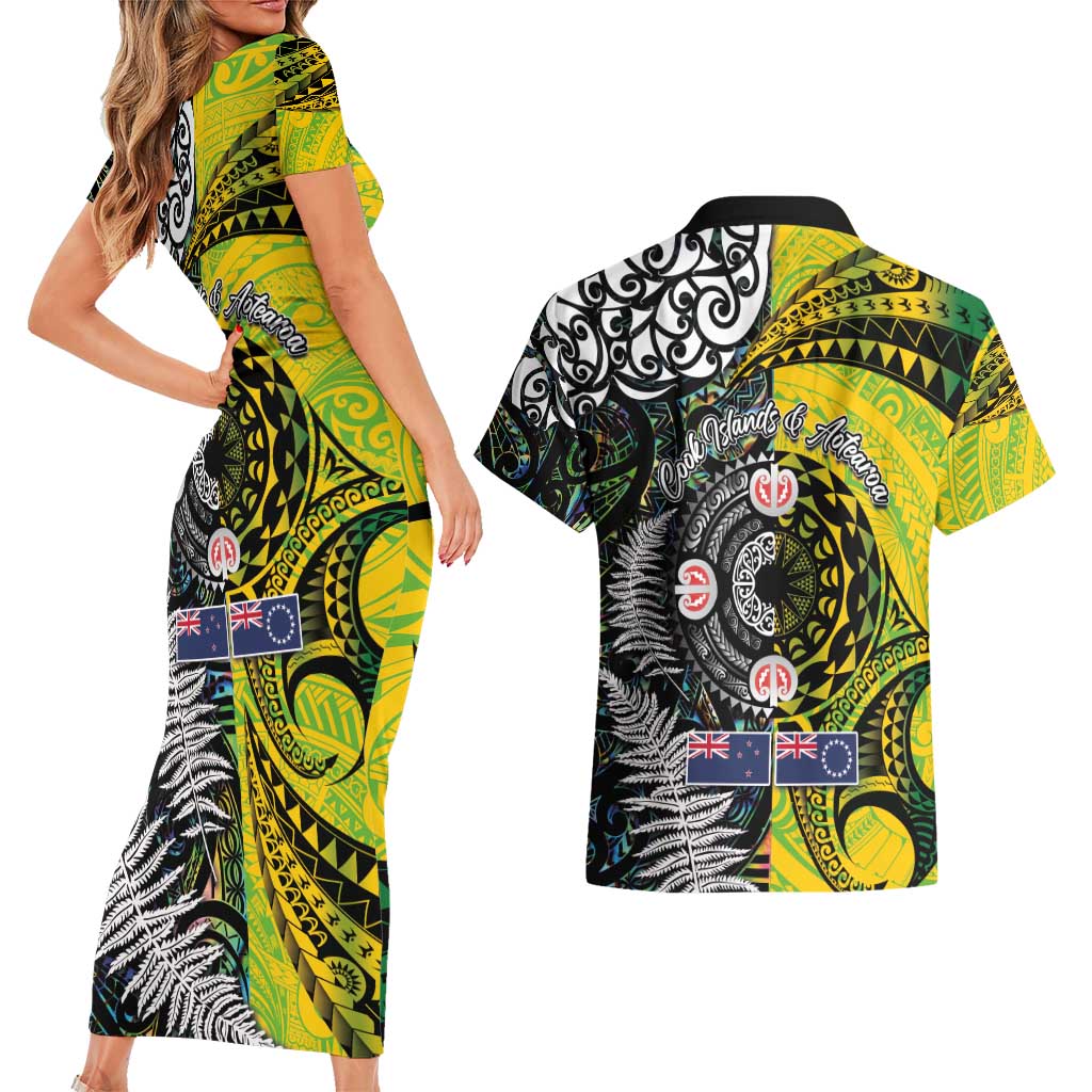 New Zealand and Cook Islands Together Couples Matching Short Sleeve Bodycon Dress and Hawaiian Shirt Tatau Art Tribal Pattern-Maori Tattoo with Fern and Paua Shell