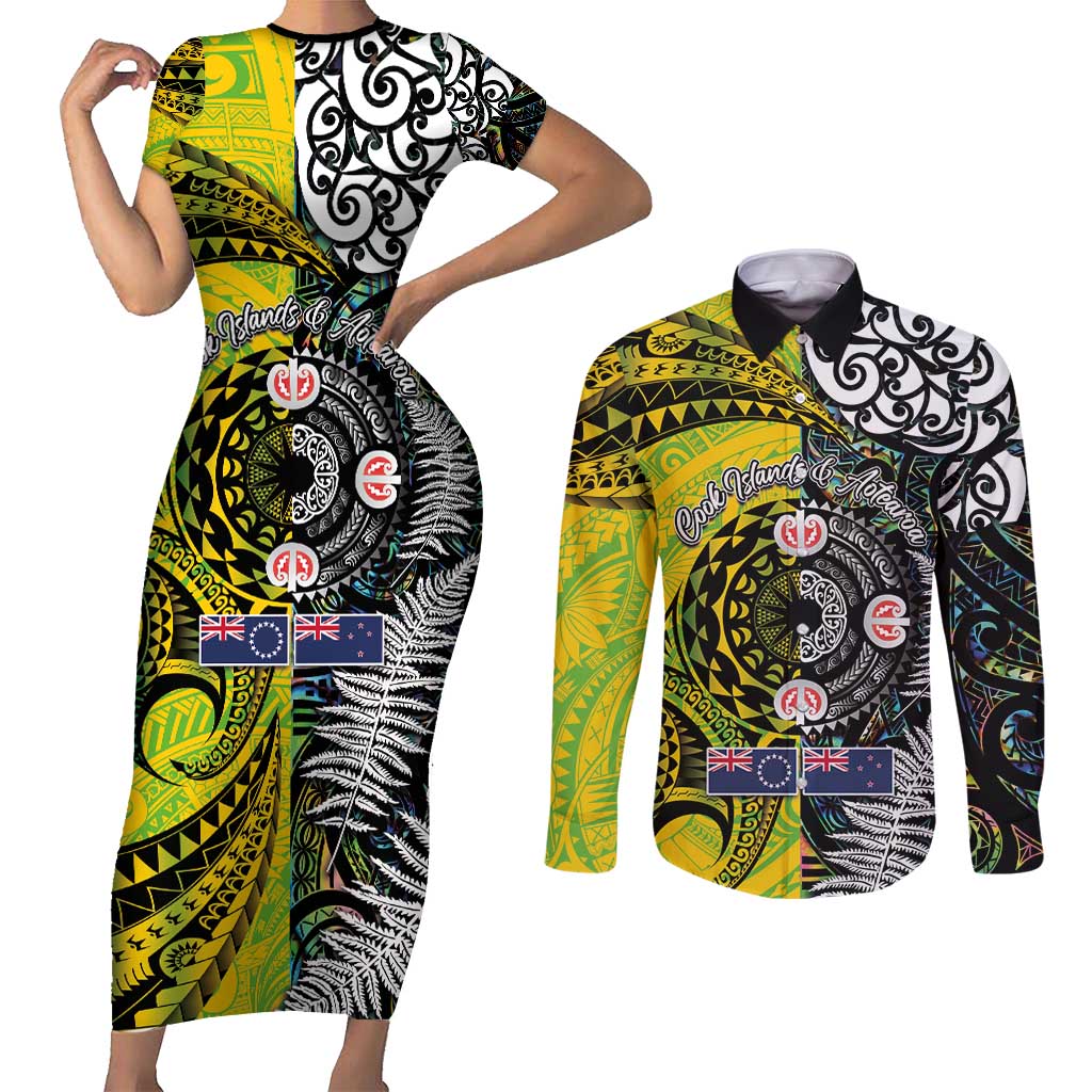 New Zealand and Cook Islands Together Couples Matching Short Sleeve Bodycon Dress and Long Sleeve Button Shirt Tatau Art Tribal Pattern-Maori Tattoo with Fern and Paua Shell