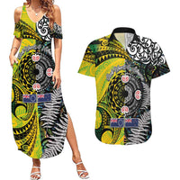 New Zealand and Cook Islands Together Couples Matching Summer Maxi Dress and Hawaiian Shirt Tatau Art Tribal Pattern-Maori Tattoo with Fern and Paua Shell