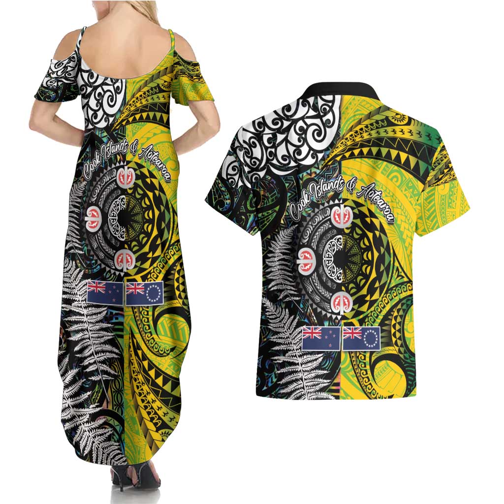 New Zealand and Cook Islands Together Couples Matching Summer Maxi Dress and Hawaiian Shirt Tatau Art Tribal Pattern-Maori Tattoo with Fern and Paua Shell