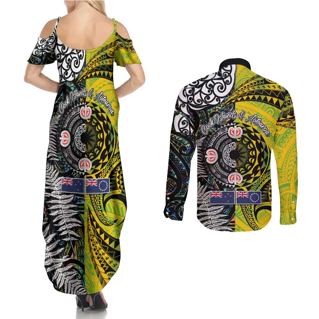 New Zealand and Cook Islands Together Couples Matching Summer Maxi Dress and Long Sleeve Button Shirt Tatau Art Tribal Pattern-Maori Tattoo with Fern and Paua Shell