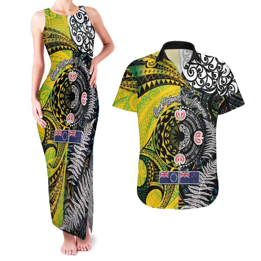 New Zealand and Cook Islands Together Couples Matching Tank Maxi Dress and Hawaiian Shirt Tatau Art Tribal Pattern-Maori Tattoo with Fern and Paua Shell