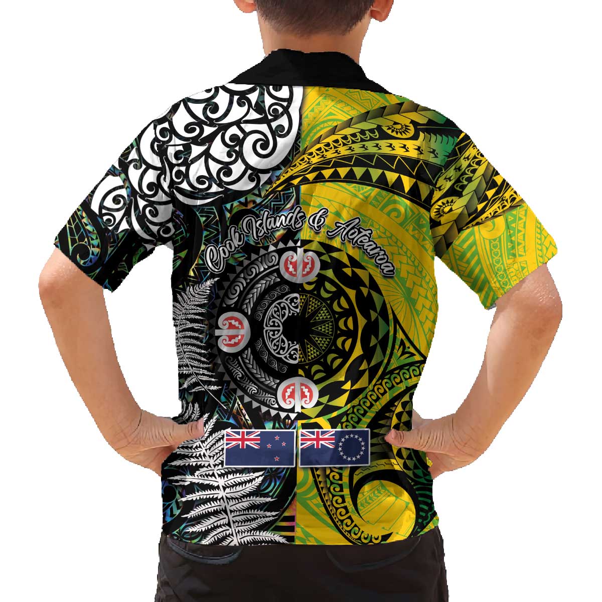 New Zealand and Cook Islands Together Family Matching Off The Shoulder Long Sleeve Dress and Hawaiian Shirt Tatau Art Tribal Pattern-Maori Tattoo with Fern and Paua Shell