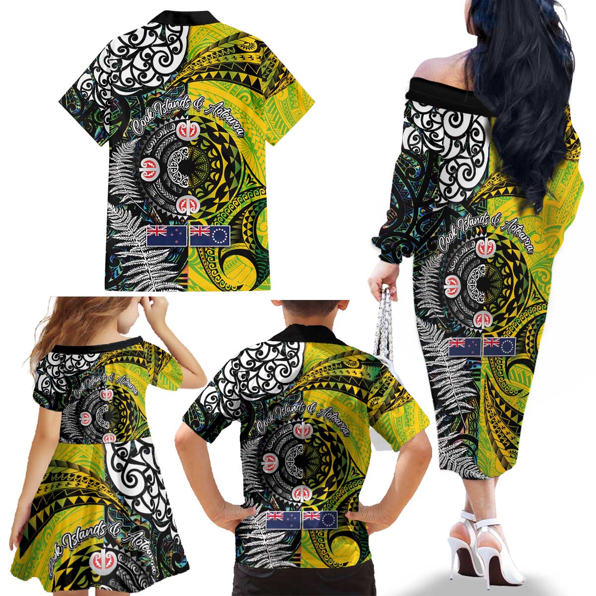 New Zealand and Cook Islands Together Family Matching Off The Shoulder Long Sleeve Dress and Hawaiian Shirt Tatau Art Tribal Pattern-Maori Tattoo with Fern and Paua Shell