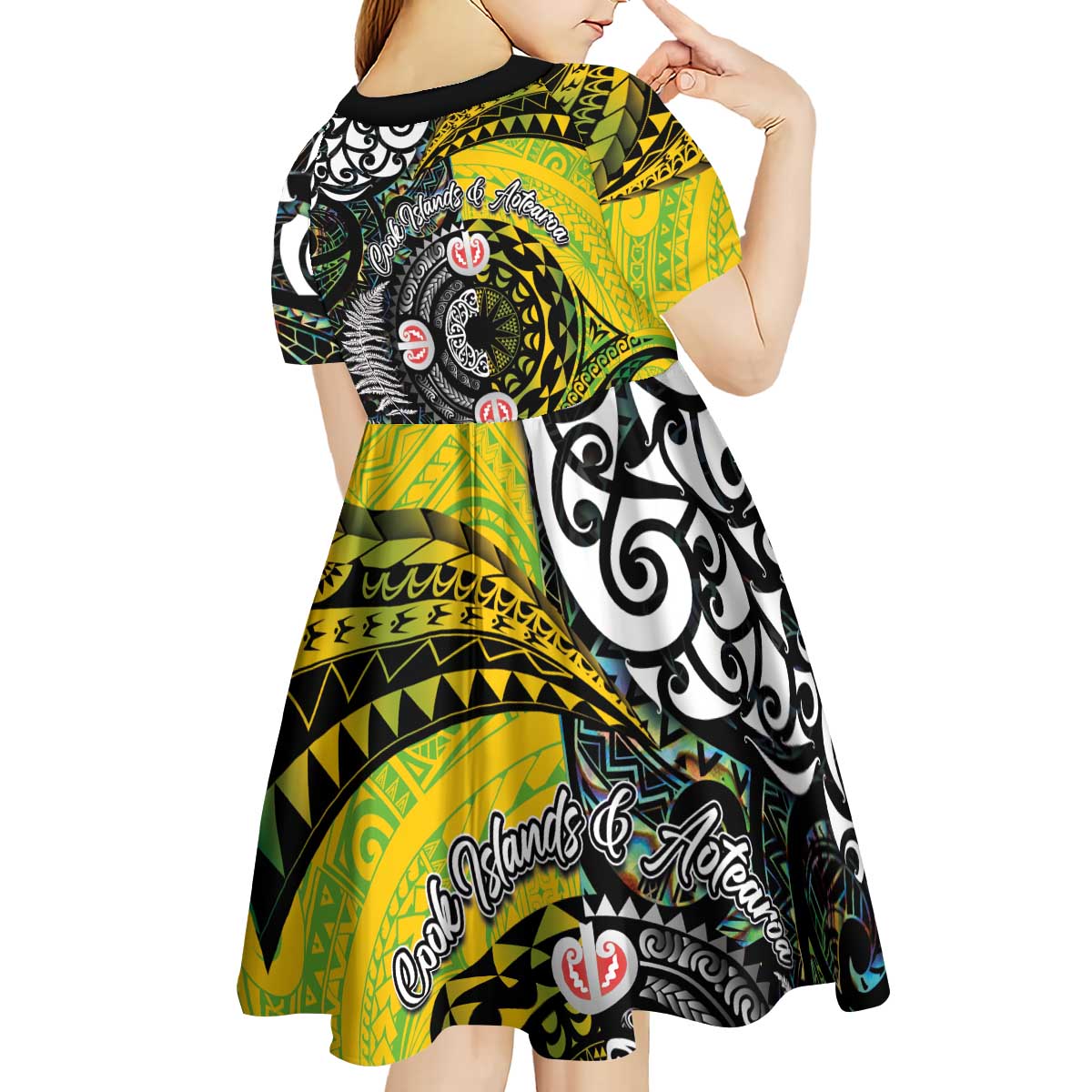 New Zealand and Cook Islands Together Kid Short Sleeve Dress Tatau Art Tribal Pattern-Maori Tattoo with Fern and Paua Shell