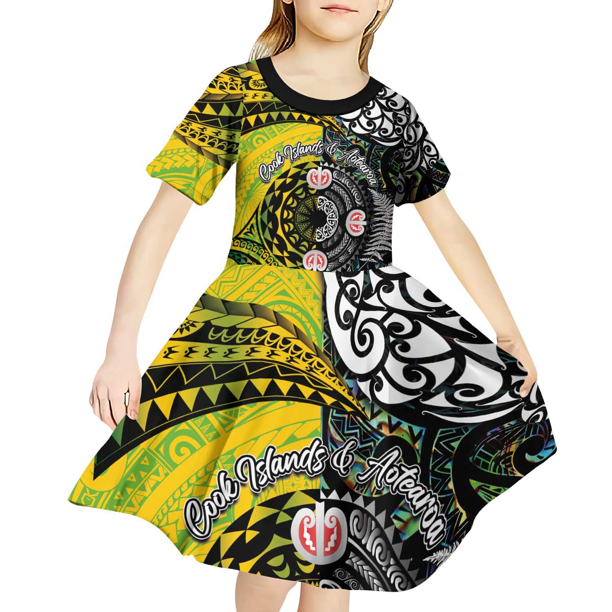 New Zealand and Cook Islands Together Kid Short Sleeve Dress Tatau Art Tribal Pattern-Maori Tattoo with Fern and Paua Shell