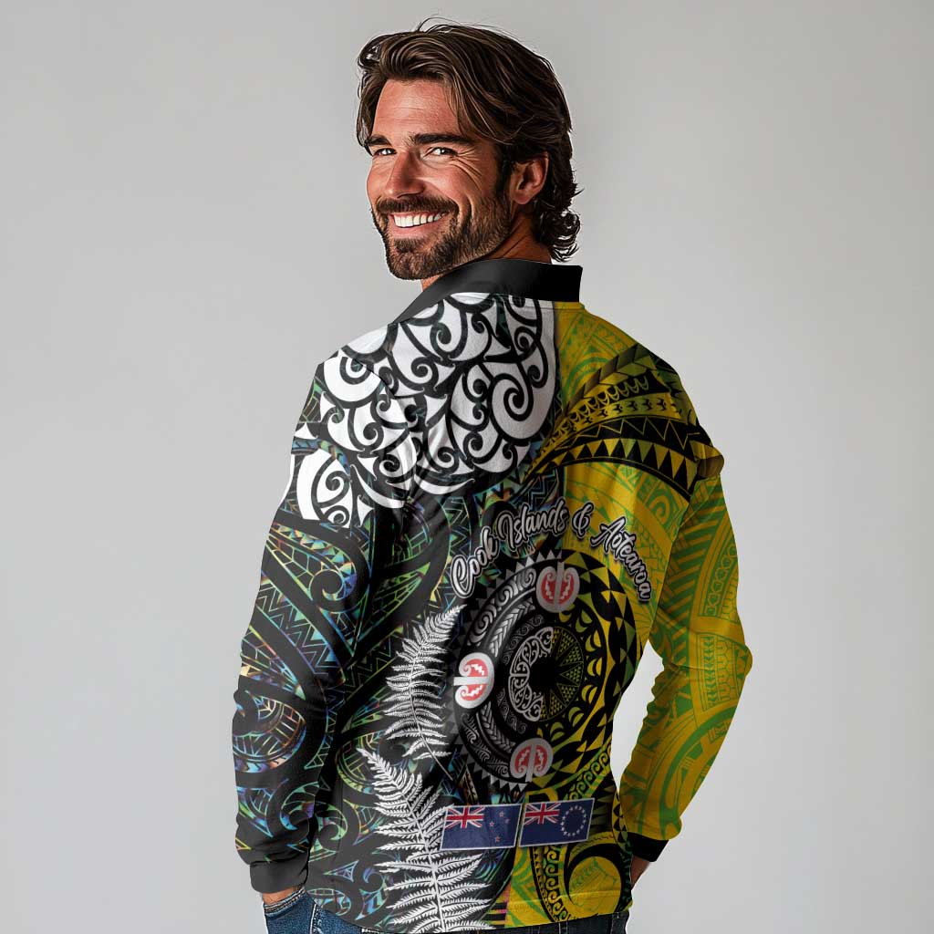New Zealand and Cook Islands Together Long Sleeve Polo Shirt Tatau Art Tribal Pattern-Maori Tattoo with Fern and Paua Shell