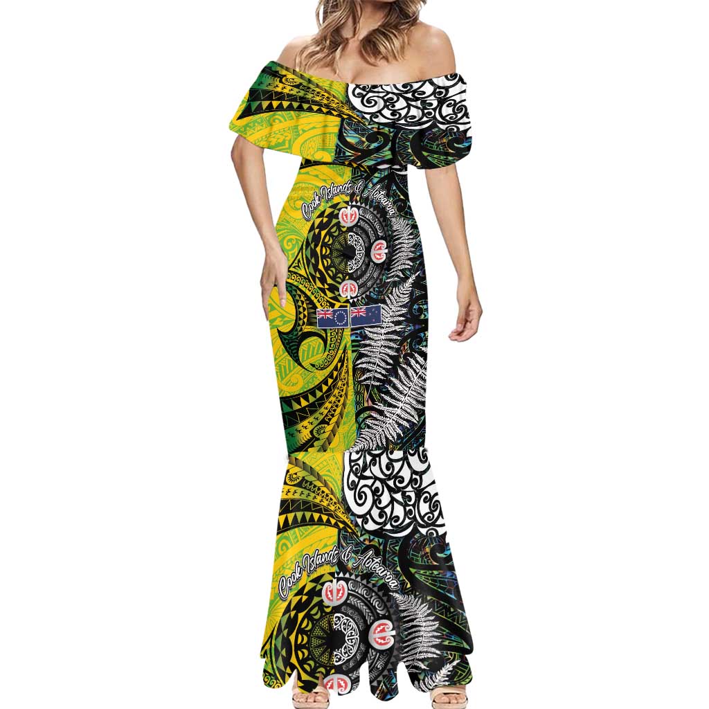 New Zealand and Cook Islands Together Mermaid Dress Tatau Art Tribal Pattern-Maori Tattoo with Fern and Paua Shell
