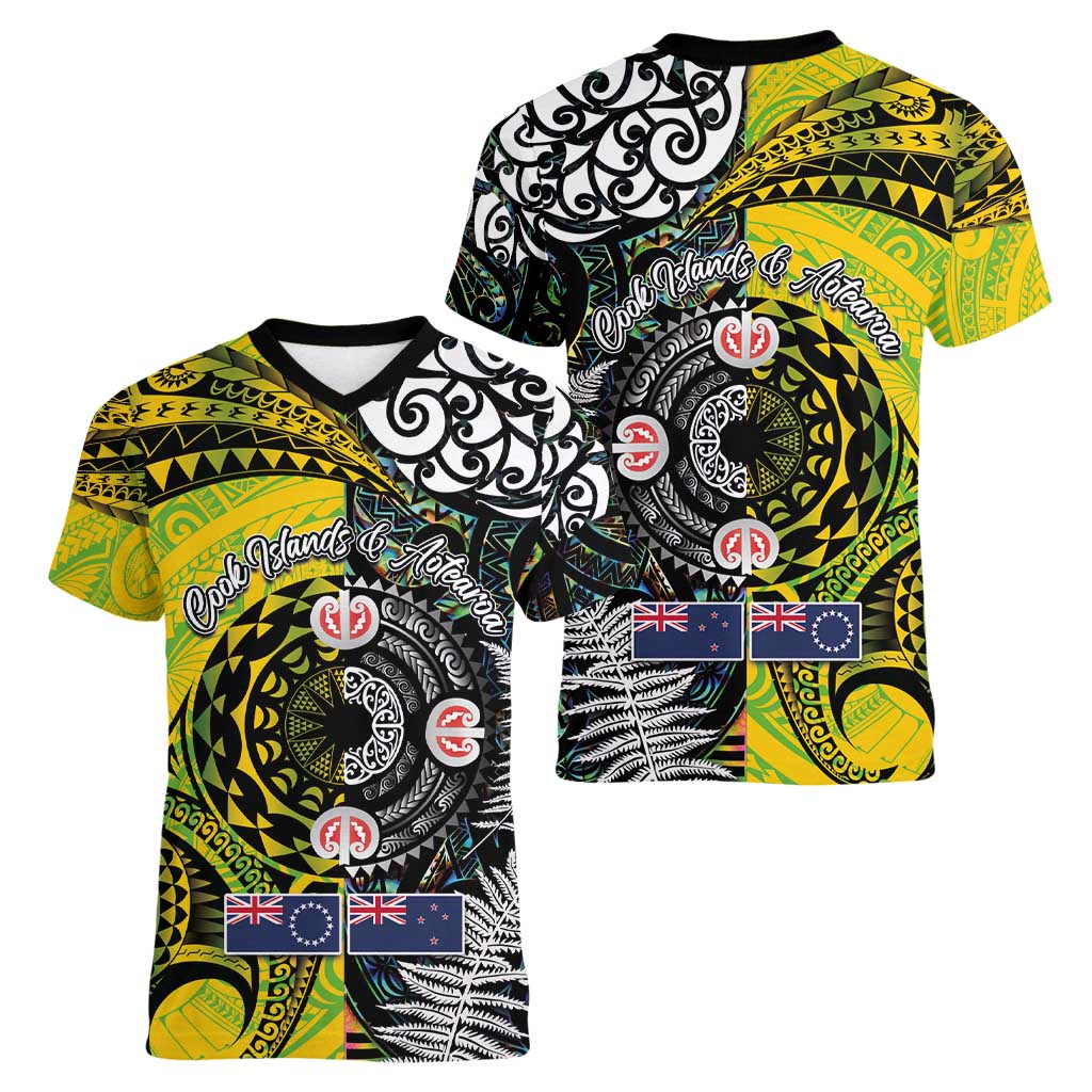 New Zealand and Cook Islands Together Women V-Neck T-Shirt Tatau Art Tribal Pattern-Maori Tattoo with Fern and Paua Shell