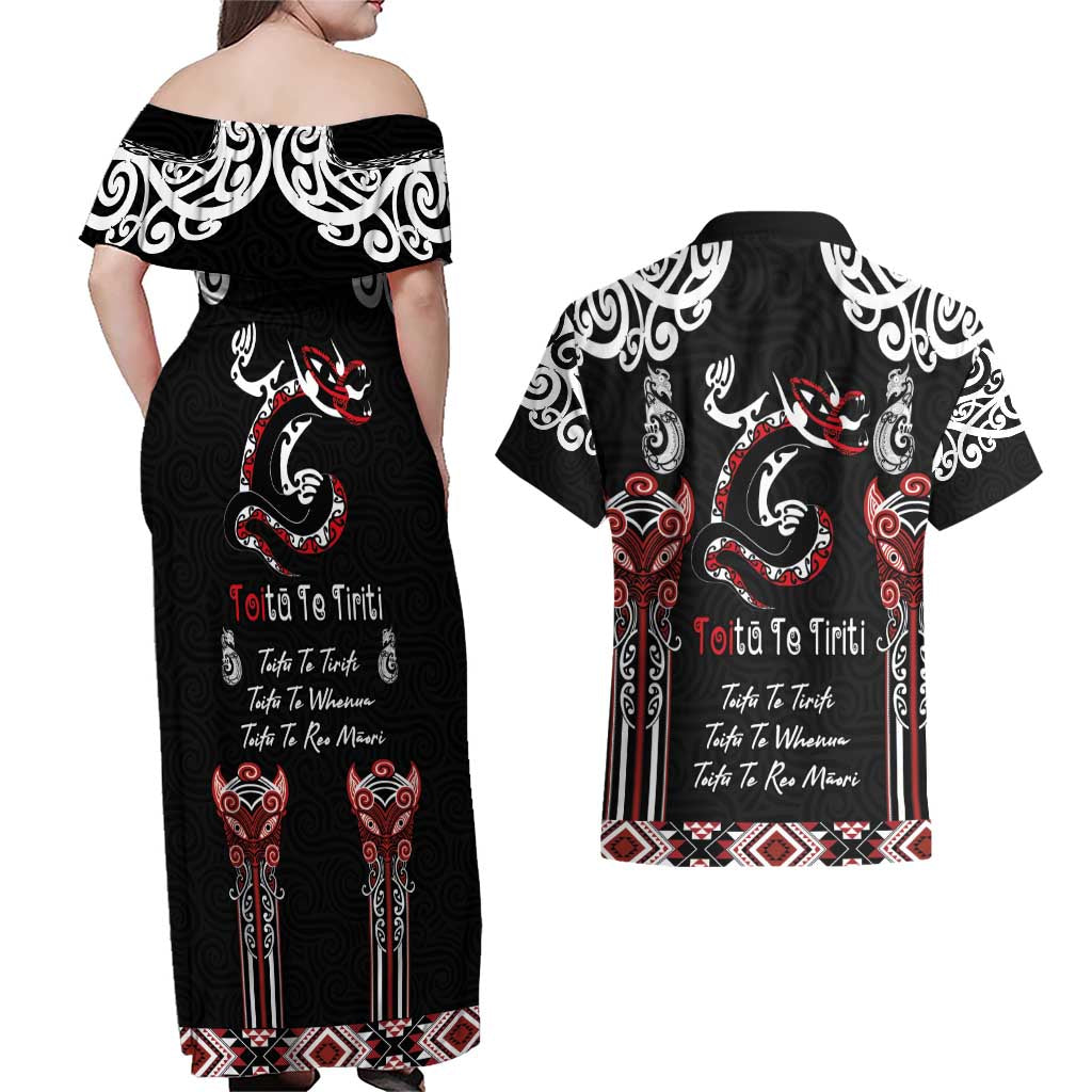 Aotearoa Toitu Te Tiriti-Maori Taniwha Couples Matching Off Shoulder Maxi Dress and Hawaiian Shirt Toitu Te Whenua Toitu Te Reo Maori LT03 - Polynesian Pride
