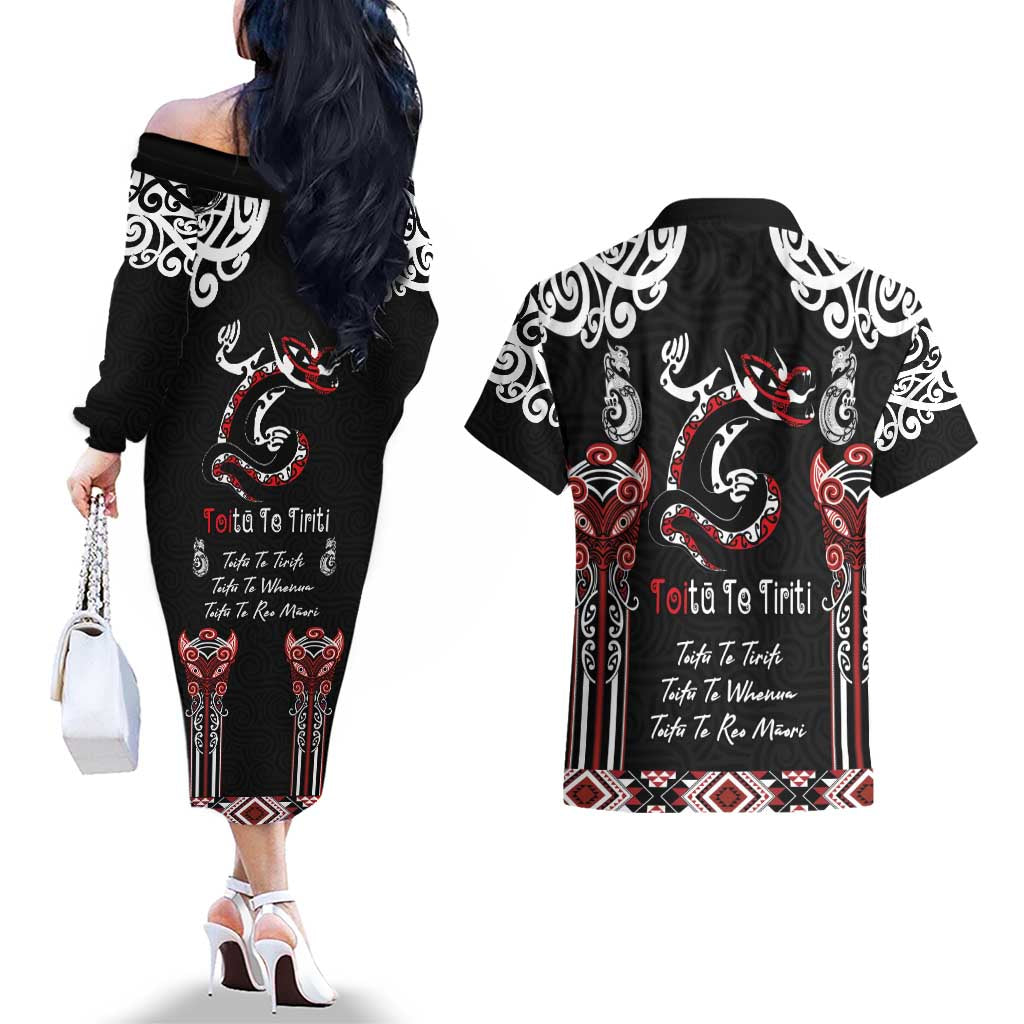 Aotearoa Toitu Te Tiriti-Maori Taniwha Couples Matching Off The Shoulder Long Sleeve Dress and Hawaiian Shirt Toitu Te Whenua Toitu Te Reo Maori