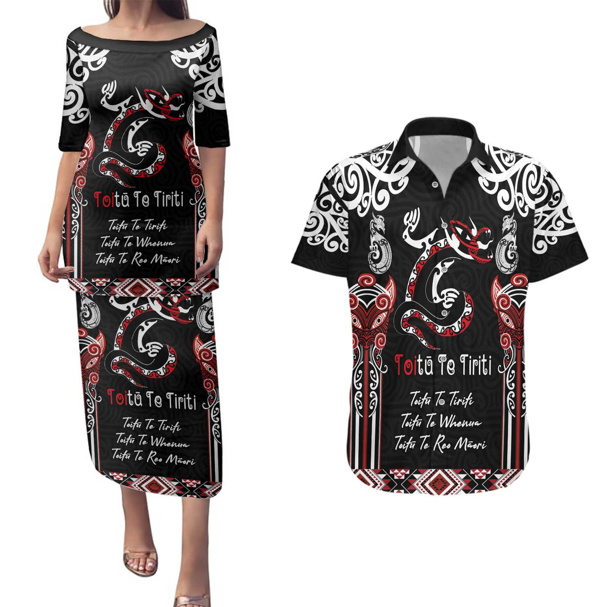 Aotearoa Toitu Te Tiriti-Maori Taniwha Couples Matching Puletasi and Hawaiian Shirt Toitu Te Whenua Toitu Te Reo Maori LT03 Black - Polynesian Pride
