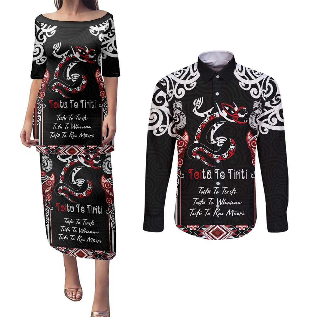 Aotearoa Toitu Te Tiriti-Maori Taniwha Couples Matching Puletasi and Long Sleeve Button Shirt Toitu Te Whenua Toitu Te Reo Maori LT03 Black - Polynesian Pride