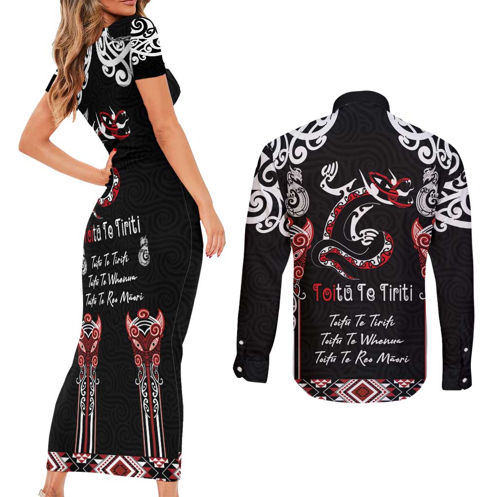 Aotearoa Toitu Te Tiriti-Maori Taniwha Couples Matching Short Sleeve Bodycon Dress and Long Sleeve Button Shirt Toitu Te Whenua Toitu Te Reo Maori LT03 - Polynesian Pride