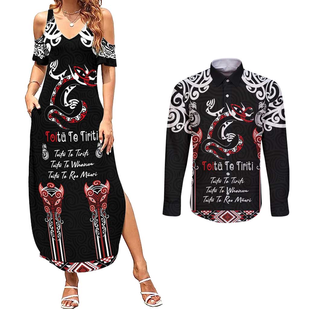 Aotearoa Toitu Te Tiriti-Maori Taniwha Couples Matching Summer Maxi Dress and Long Sleeve Button Shirt Toitu Te Whenua Toitu Te Reo Maori