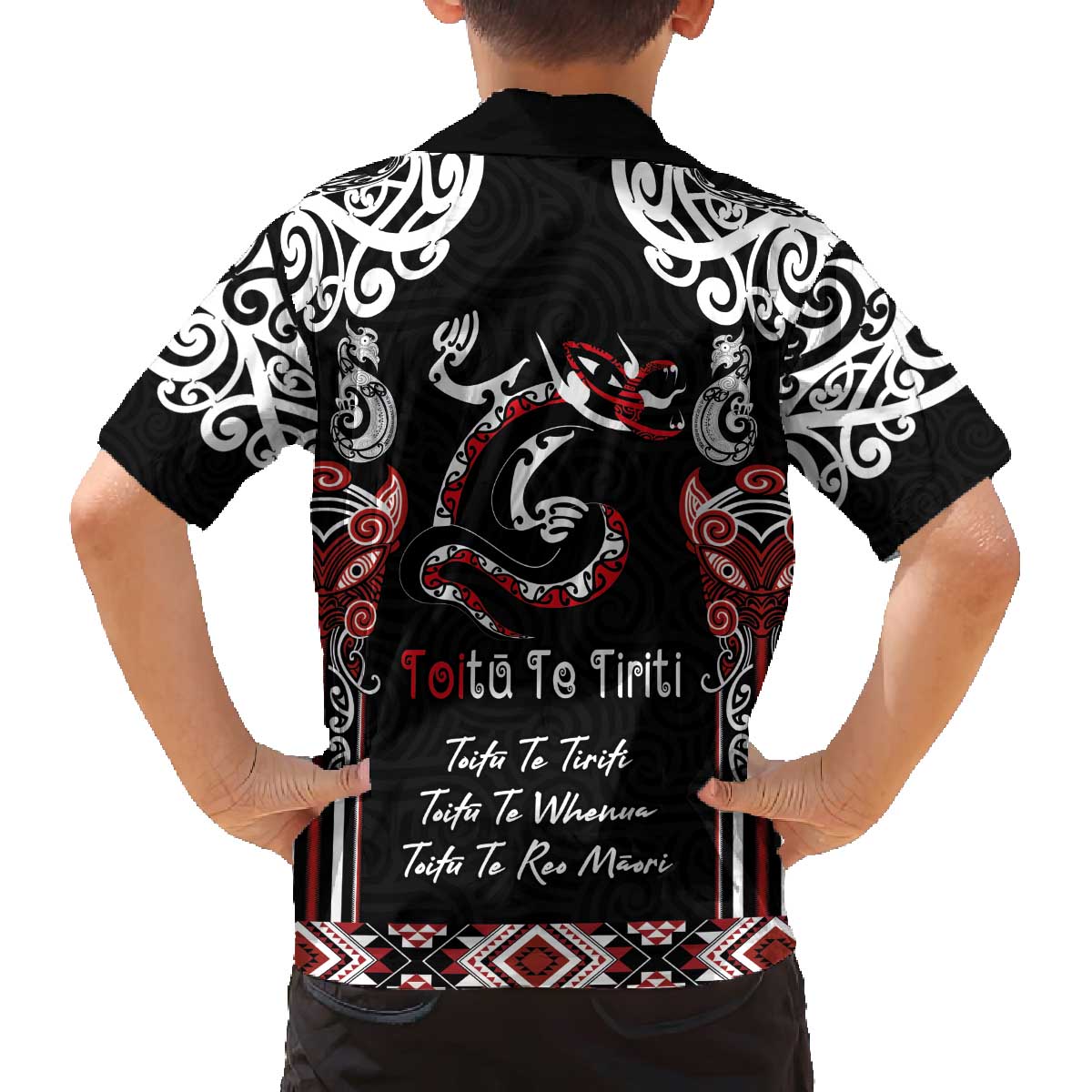 Aotearoa Toitu Te Tiriti-Maori Taniwha Family Matching Off The Shoulder Long Sleeve Dress and Hawaiian Shirt Toitu Te Whenua Toitu Te Reo Maori