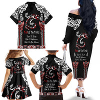 Aotearoa Toitu Te Tiriti-Maori Taniwha Family Matching Off The Shoulder Long Sleeve Dress and Hawaiian Shirt Toitu Te Whenua Toitu Te Reo Maori