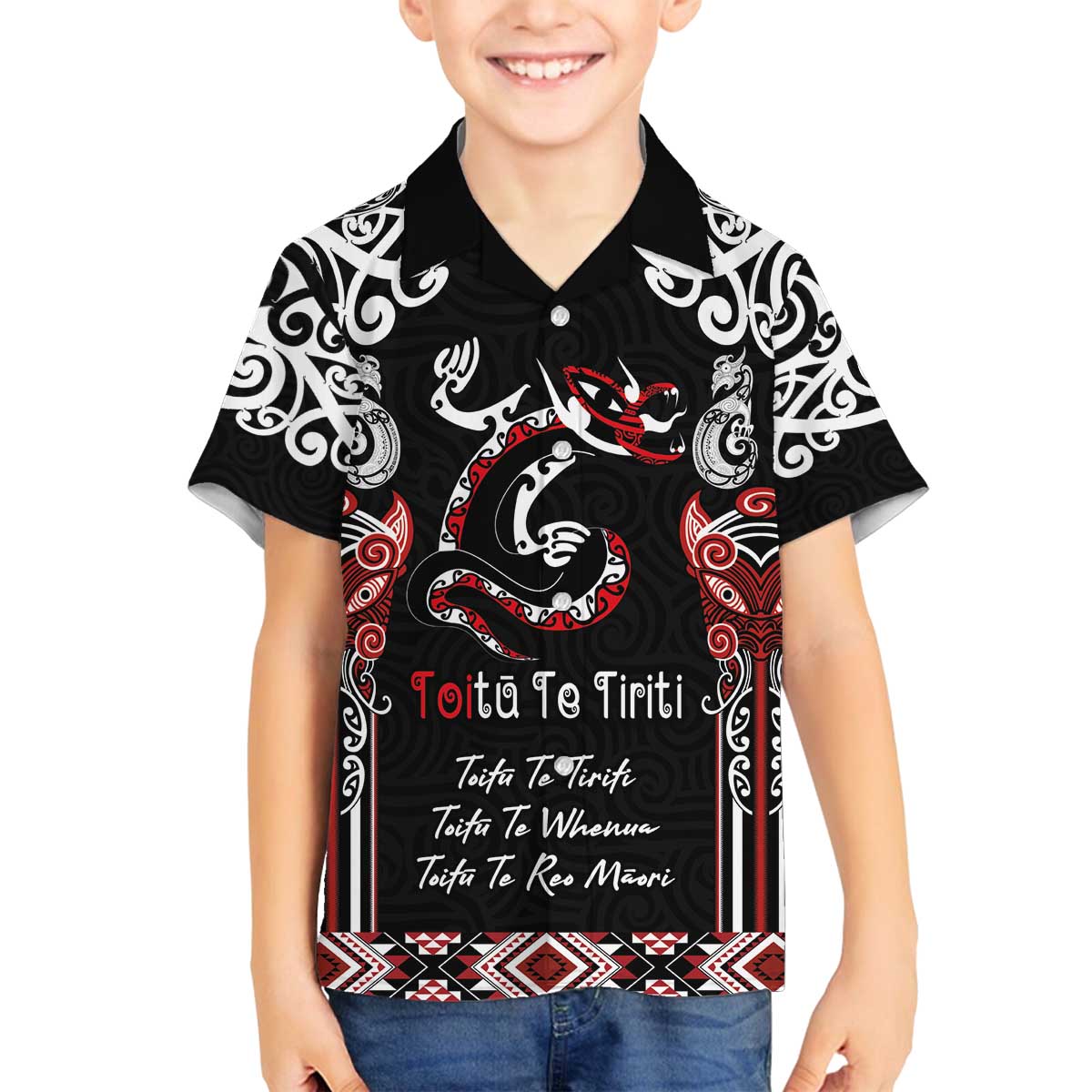 Aotearoa Toitu Te Tiriti-Maori Taniwha Family Matching Off The Shoulder Long Sleeve Dress and Hawaiian Shirt Toitu Te Whenua Toitu Te Reo Maori