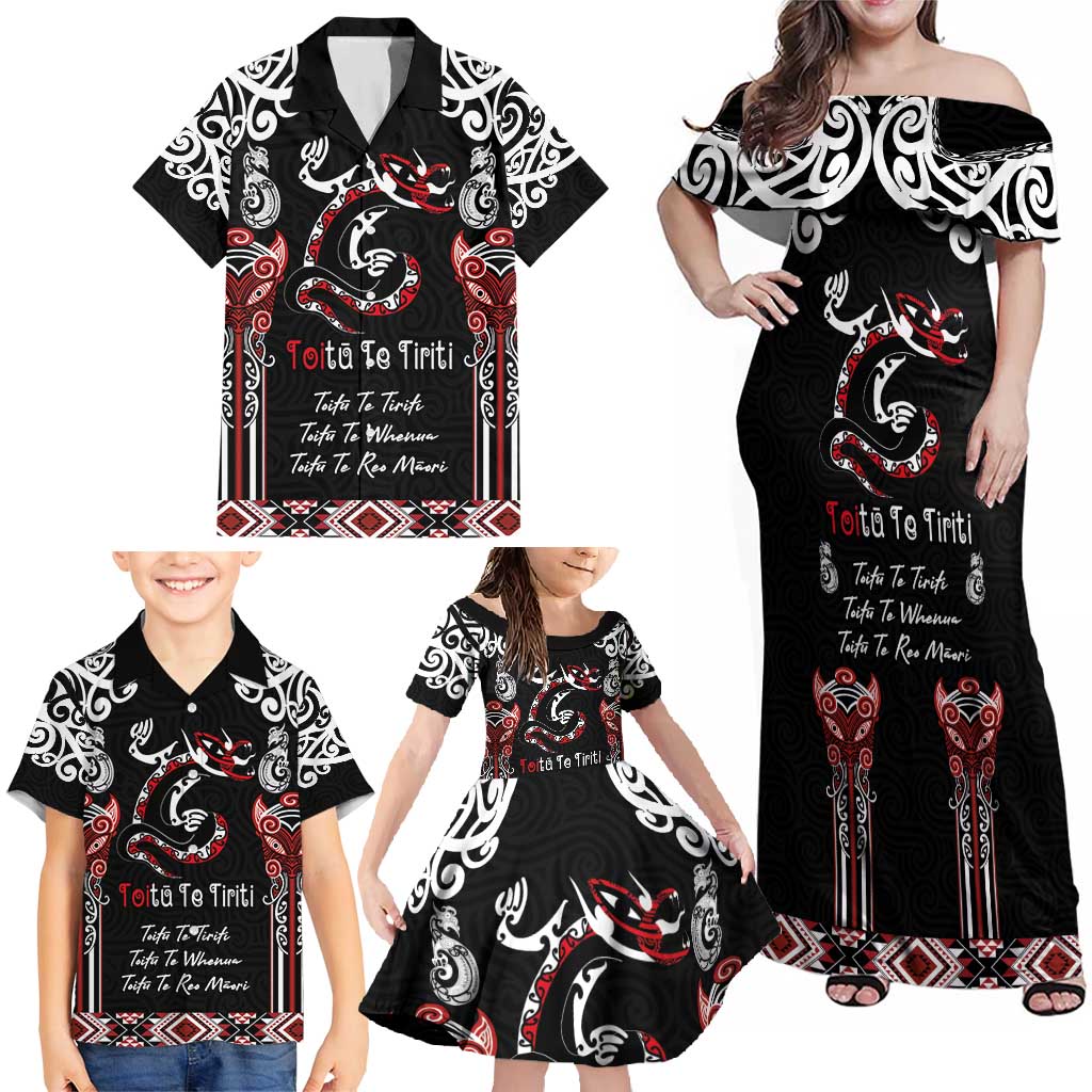 Aotearoa Toitu Te Tiriti-Maori Taniwha Family Matching Off Shoulder Maxi Dress and Hawaiian Shirt Toitu Te Whenua Toitu Te Reo Maori LT03 - Polynesian Pride