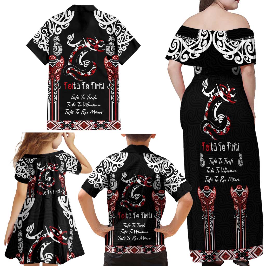 Aotearoa Toitu Te Tiriti-Maori Taniwha Family Matching Off Shoulder Maxi Dress and Hawaiian Shirt Toitu Te Whenua Toitu Te Reo Maori LT03 - Polynesian Pride