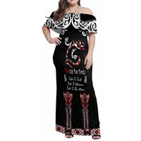 Aotearoa Toitu Te Tiriti-Maori Taniwha Family Matching Off Shoulder Maxi Dress and Hawaiian Shirt Toitu Te Whenua Toitu Te Reo Maori LT03 Mom's Dress Black - Polynesian Pride