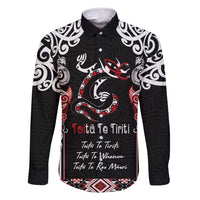 Aotearoa Toitu Te Tiriti-Maori Taniwha Family Matching Tank Maxi Dress and Hawaiian Shirt Toitu Te Whenua Toitu Te Reo Maori LT03 Dad's Shirt - Long Sleeve Black - Polynesian Pride
