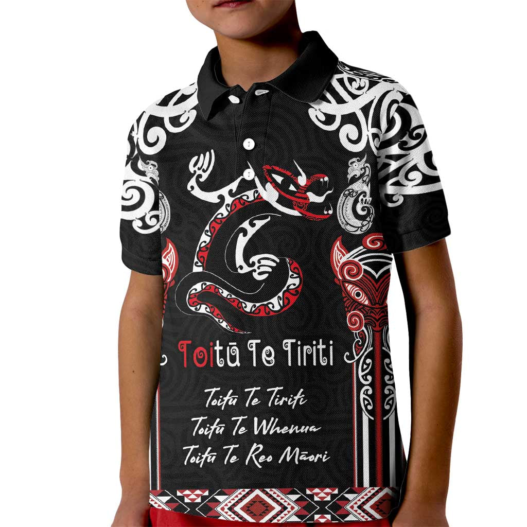 Aotearoa Toitu Te Tiriti-Maori Taniwha Kid Polo Shirt Toitu Te Whenua Toitu Te Reo Maori LT03 Kid Black - Polynesian Pride