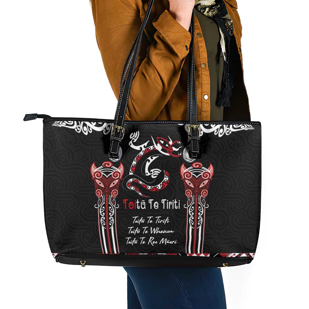 Aotearoa Toitu Te Tiriti-Maori Taniwha Leather Tote Bag Toitu Te Whenua Toitu Te Reo Maori