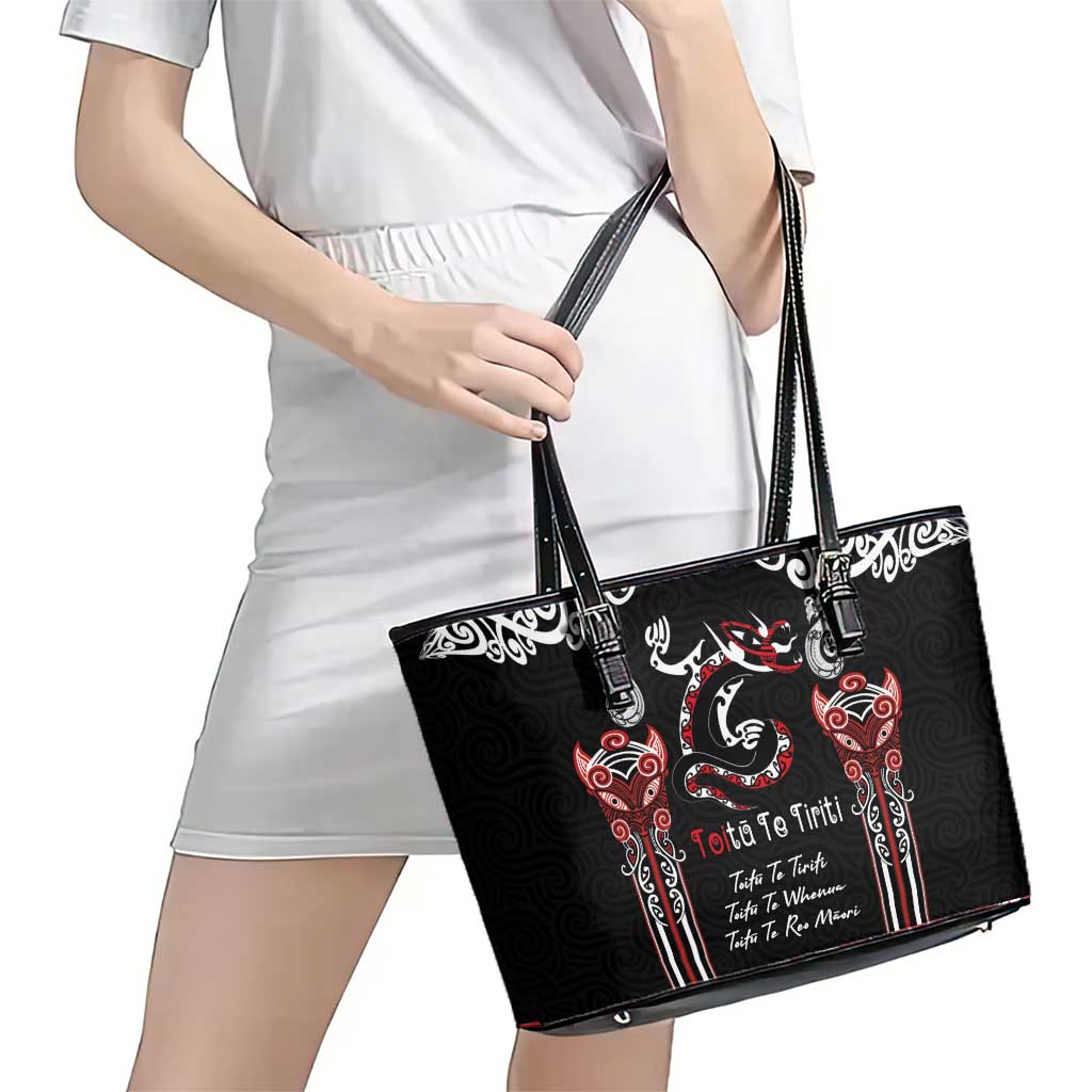 Aotearoa Toitu Te Tiriti-Maori Taniwha Leather Tote Bag Toitu Te Whenua Toitu Te Reo Maori