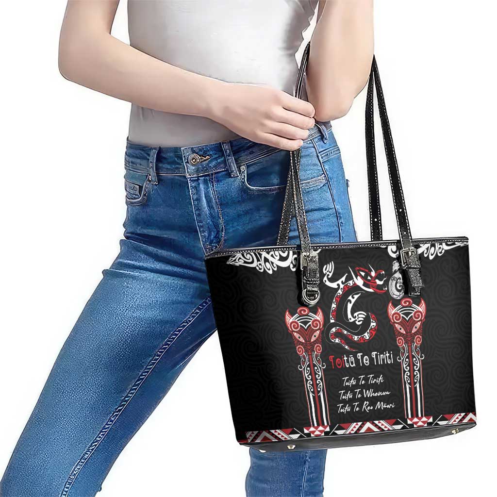 Aotearoa Toitu Te Tiriti-Maori Taniwha Leather Tote Bag Toitu Te Whenua Toitu Te Reo Maori