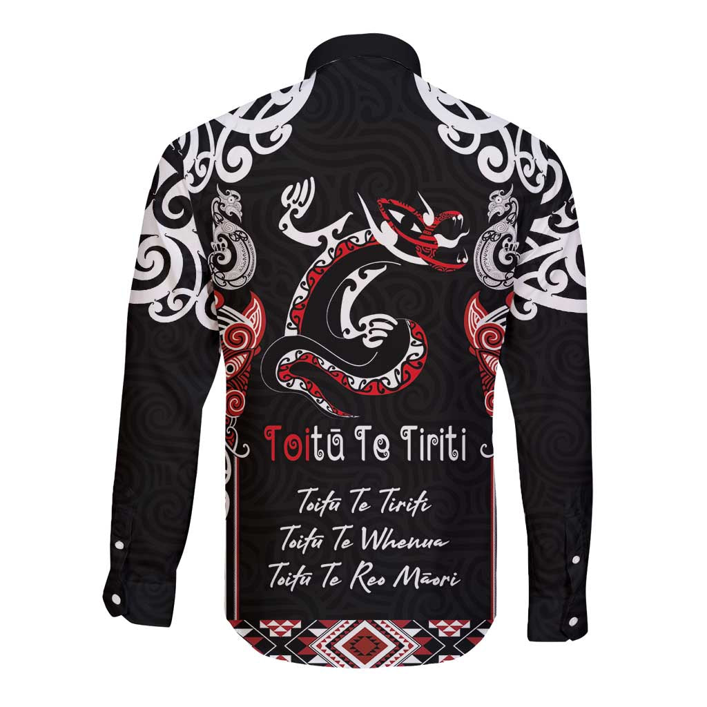 Aotearoa Toitu Te Tiriti-Maori Taniwha Long Sleeve Button Shirt Toitu Te Whenua Toitu Te Reo Maori