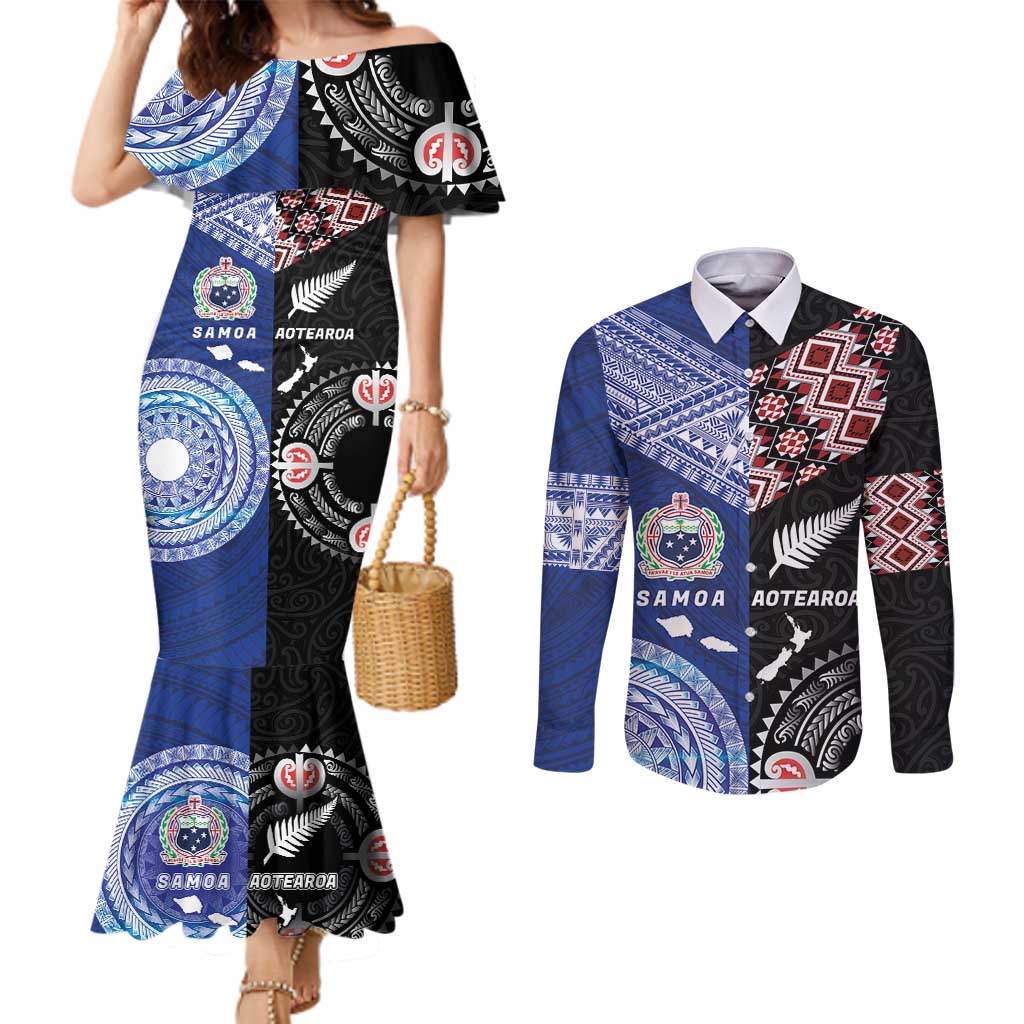 Personalised Aotearoa and Samoa Together Couples Matching Mermaid Dress and Long Sleeve Button Shirt Tatau Art Tattoos-Taniko and Tukutuku with Maori Pattern