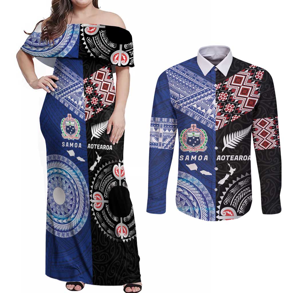 Personalised Aotearoa and Samoa Together Couples Matching Off Shoulder Maxi Dress and Long Sleeve Button Shirt Tatau Art Tattoos-Taniko and Tukutuku with Maori Pattern