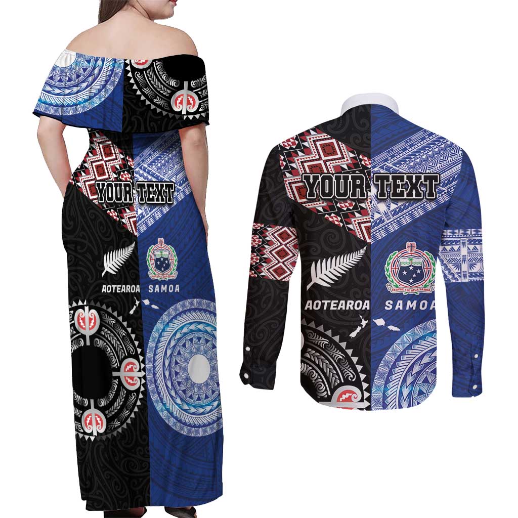 Personalised Aotearoa and Samoa Together Couples Matching Off Shoulder Maxi Dress and Long Sleeve Button Shirt Tatau Art Tattoos-Taniko and Tukutuku with Maori Pattern