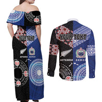 Personalised Aotearoa and Samoa Together Couples Matching Off Shoulder Maxi Dress and Long Sleeve Button Shirt Tatau Art Tattoos-Taniko and Tukutuku with Maori Pattern