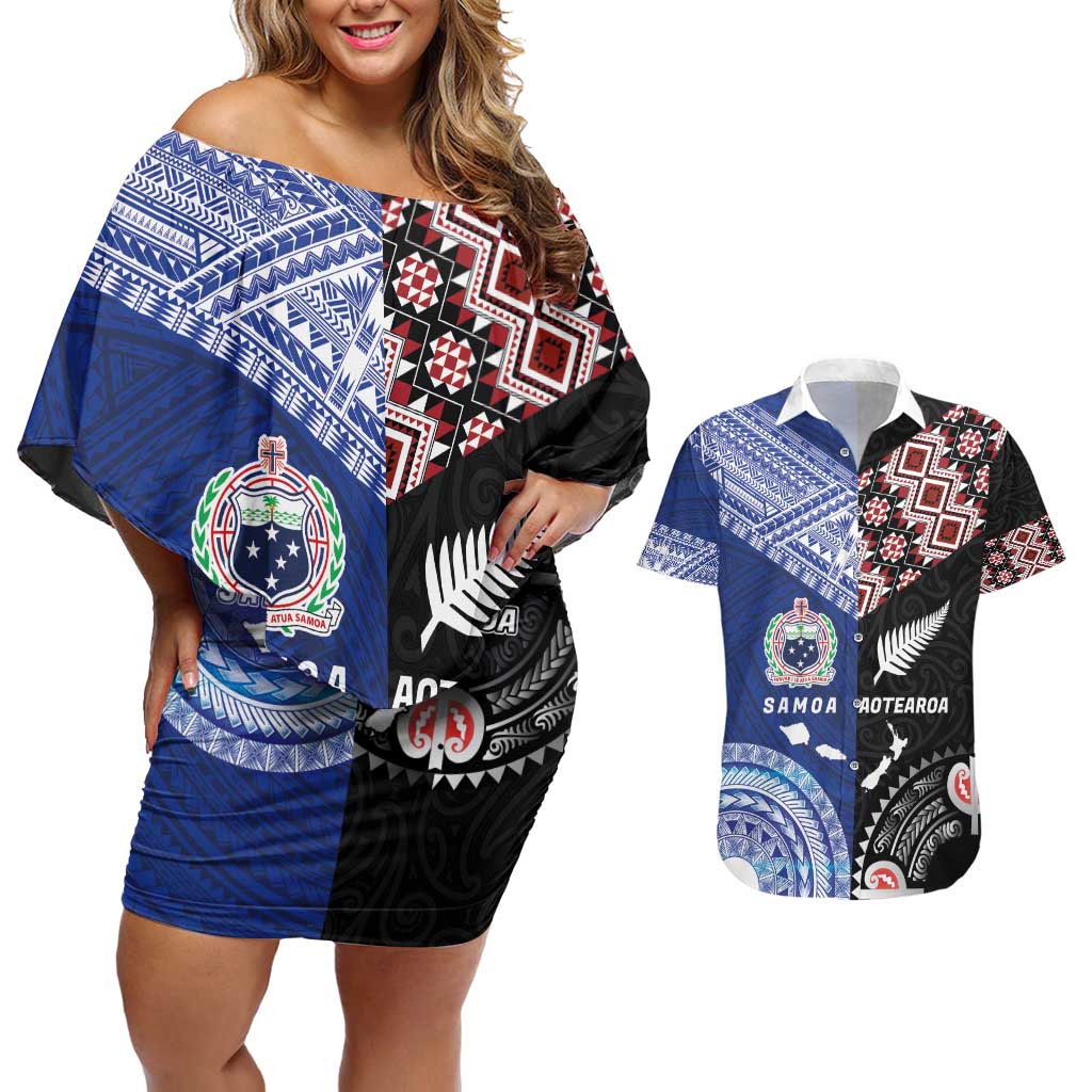 Personalised Aotearoa and Samoa Together Couples Matching Off Shoulder Short Dress and Hawaiian Shirt Tatau Art Tattoos-Taniko and Tukutuku with Maori Pattern