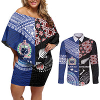 Personalised Aotearoa and Samoa Together Couples Matching Off Shoulder Short Dress and Long Sleeve Button Shirt Tatau Art Tattoos-Taniko and Tukutuku with Maori Pattern