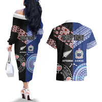 Personalised Aotearoa and Samoa Together Couples Matching Off The Shoulder Long Sleeve Dress and Hawaiian Shirt Tatau Art Tattoos-Taniko and Tukutuku with Maori Pattern