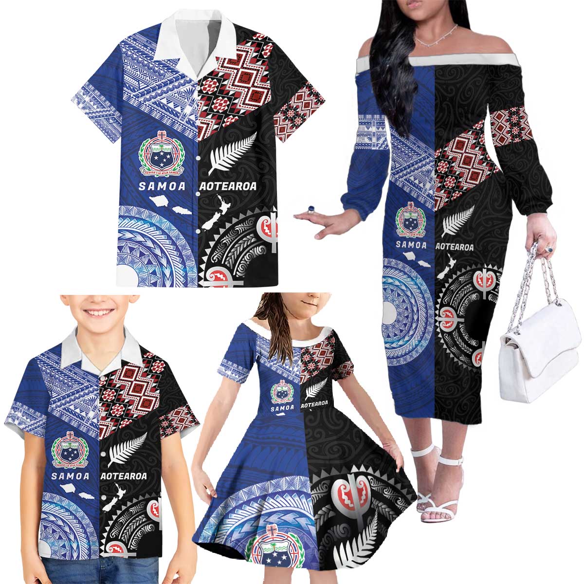 Personalised Aotearoa and Samoa Together Family Matching Off The Shoulder Long Sleeve Dress and Hawaiian Shirt Tatau Art Tattoos-Taniko and Tukutuku with Maori Pattern