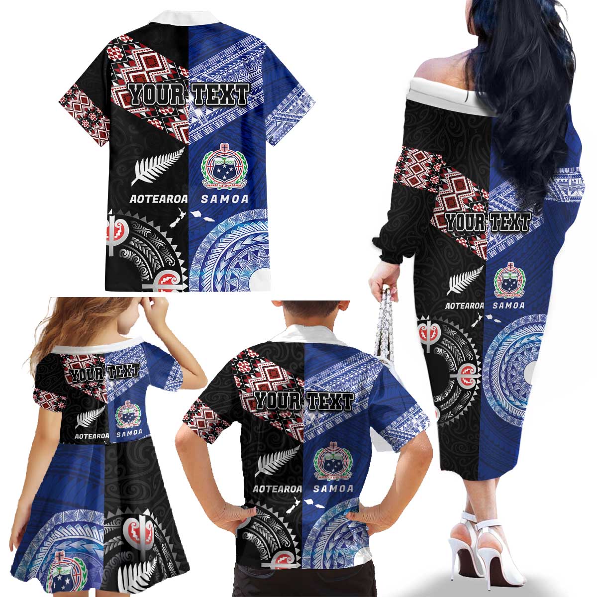 Personalised Aotearoa and Samoa Together Family Matching Off The Shoulder Long Sleeve Dress and Hawaiian Shirt Tatau Art Tattoos-Taniko and Tukutuku with Maori Pattern
