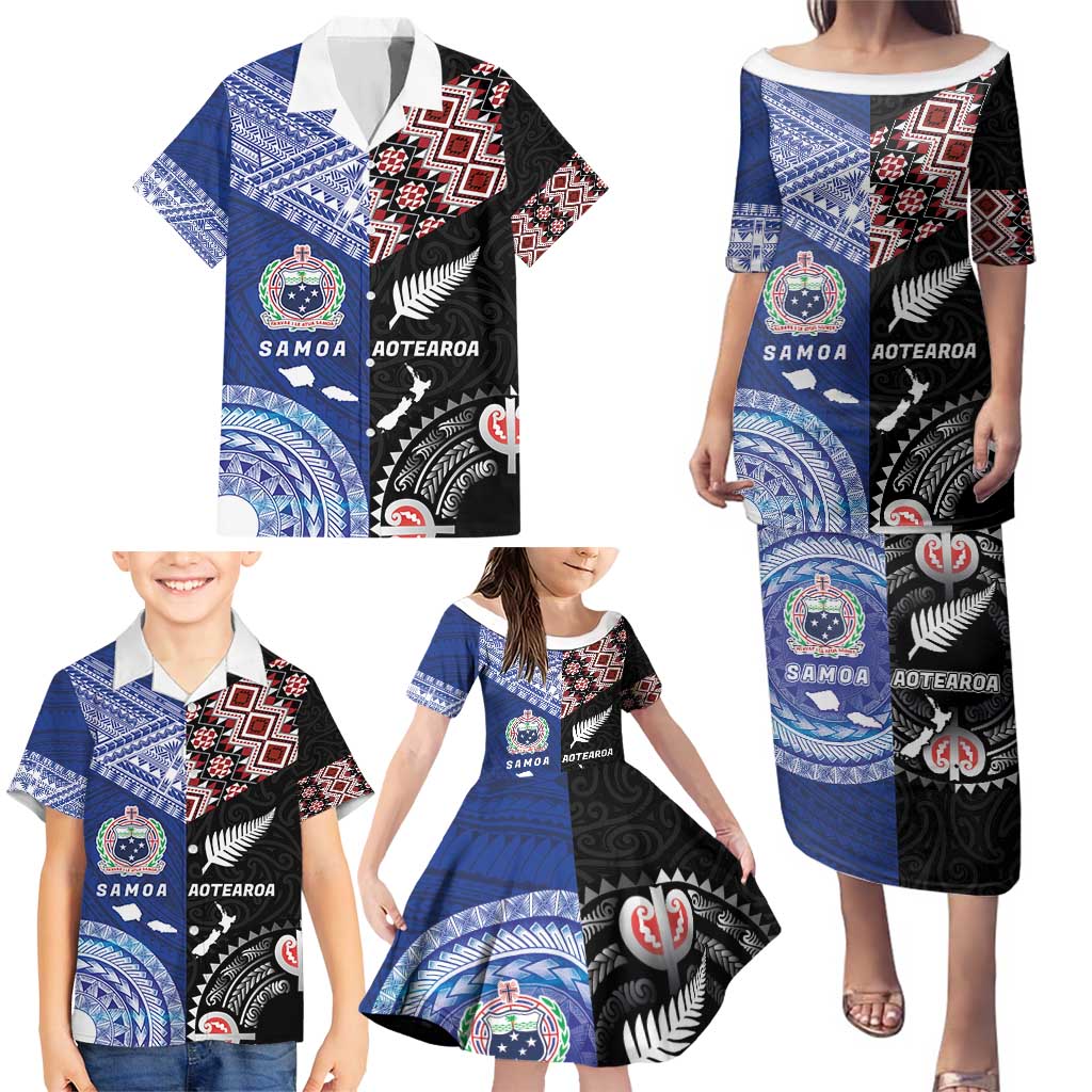 Personalised Aotearoa and Samoa Together Family Matching Puletasi and Hawaiian Shirt Tatau Art Tattoos-Taniko and Tukutuku with Maori Pattern