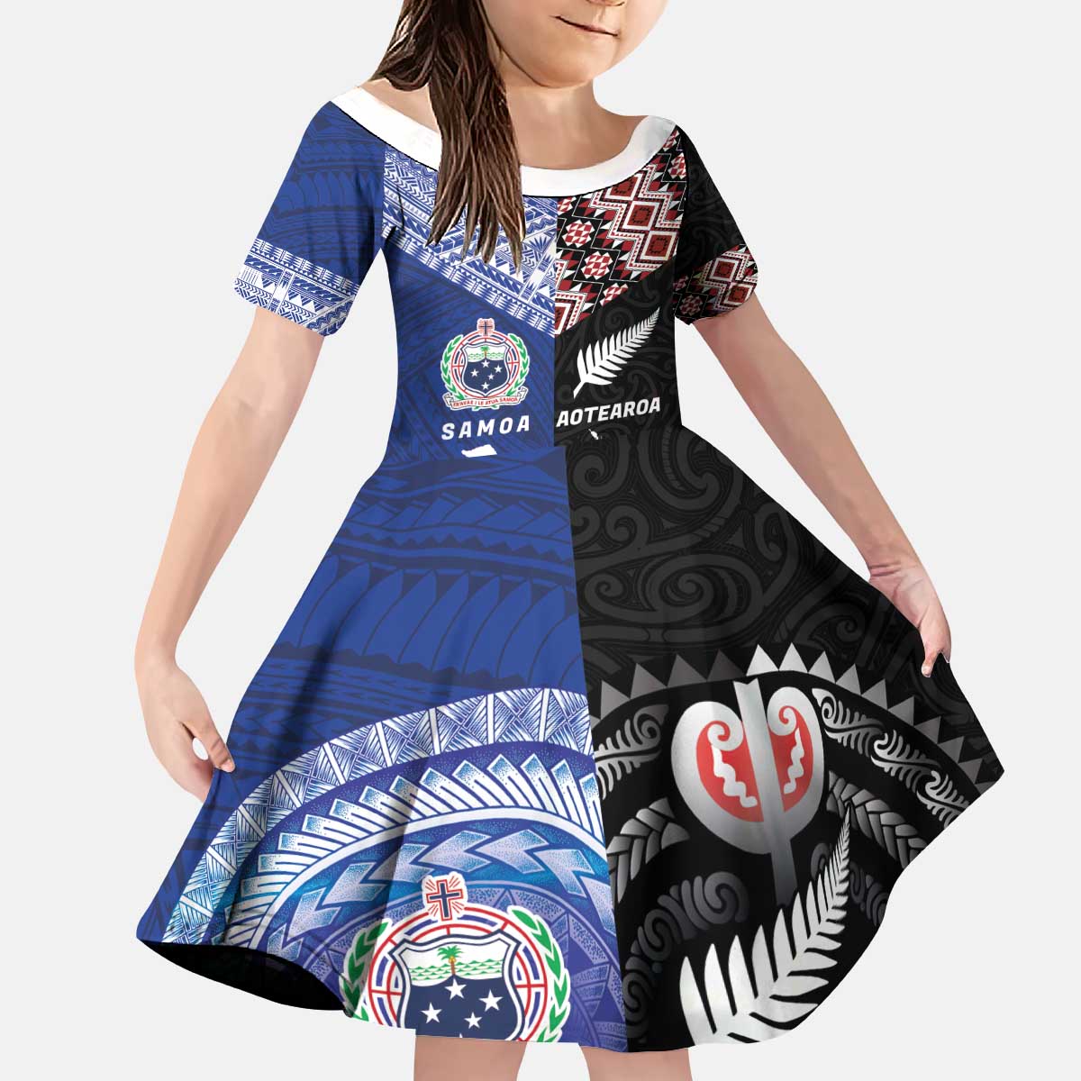 Personalised Aotearoa and Samoa Together Kid Short Sleeve Dress Tatau Art Tattoos-Taniko and Tukutuku with Maori Pattern