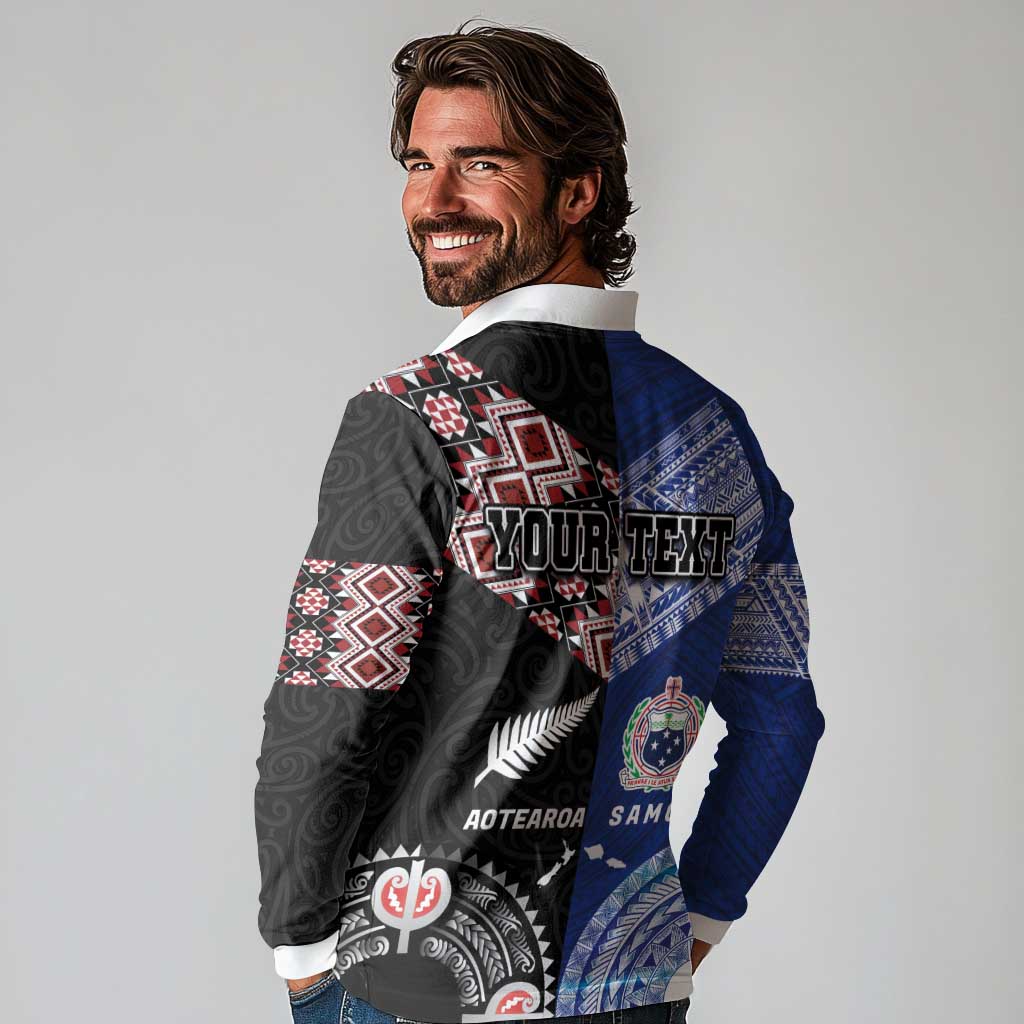 Personalised Aotearoa and Samoa Together Long Sleeve Polo Shirt Tatau Art Tattoos-Taniko and Tukutuku with Maori Pattern