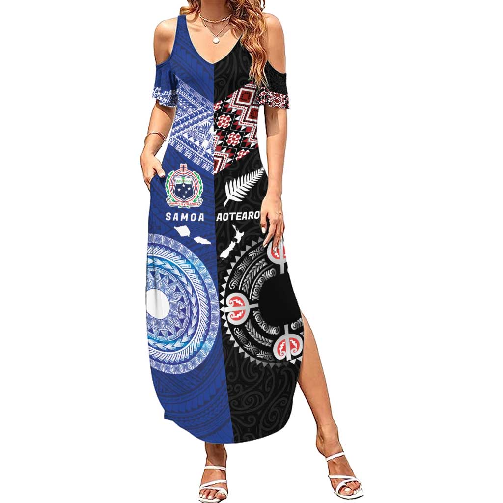 Personalised Aotearoa and Samoa Together Summer Maxi Dress Tatau Art Tattoos-Taniko and Tukutuku with Maori Pattern