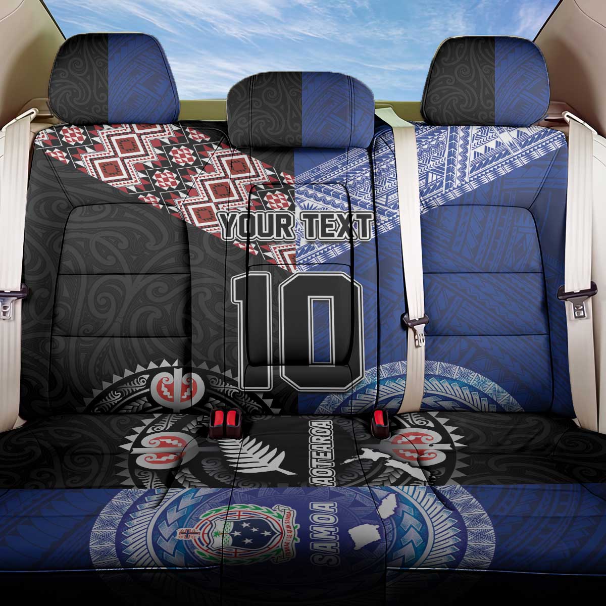 Custom Aotearoa and Samoa Rugby Back Car Seat Cover Maori Warrior and Teuila Emblem-Tatau with Taniko Art LT03 One Size Black - Polynesian Pride